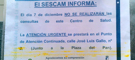 Los centros de salud de Talavera cerrarán el día 7 de diciembre