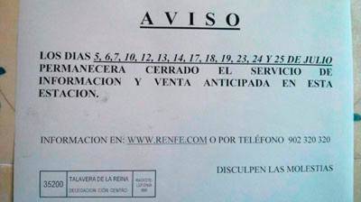 CCOO denuncia el cierre de la venta anticipada e información de la estación de tren durante varios días de julio