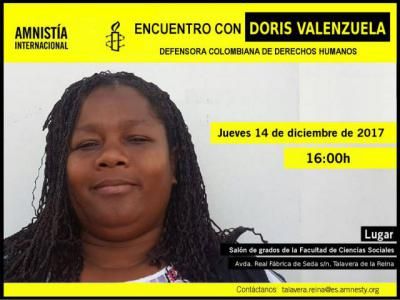 Amnistía Internacional organiza en Talavera un encuentro con Doris Valenzuela, activista colombiana amenazada por su defensa de los derechos humanos