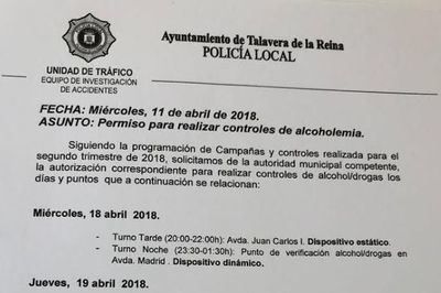 Se filtra el documento que sitúa los controles de alcohol y drogas que se están realizando en Talavera