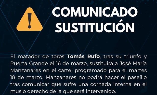 Tomás Rufo sustituirá a Manzanares en la Feria de Fallas tras su reciente Puerta Grande