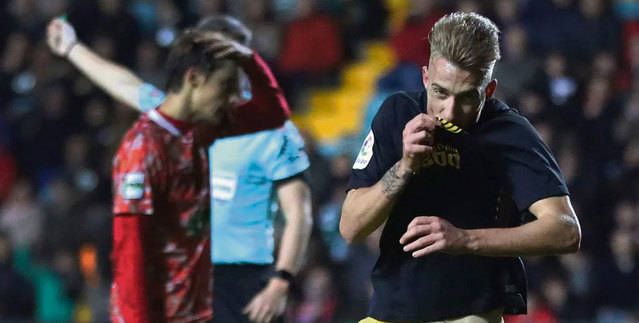 Rober festeja el gol conseguido la noche del miércoles en el Helmántico ante el Guijuelo.
