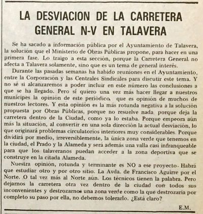 Hace 40 años, La Voz del Tajo opinaba sobre la desviación de la carretera N-V