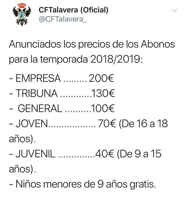 El CF Talavera anuncia los precios de los abonos de la temporada 2018/19