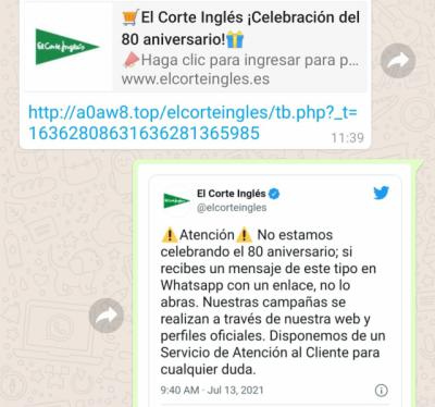 ¿Has recibido este WhatsApp? El Corte Inglés alerta: es una estafa