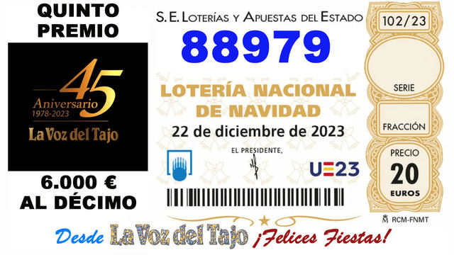 Sale un nuevo quinto premio: 88.979. Ha tocado en Illescas, Toledo, Albacete, La Roda...