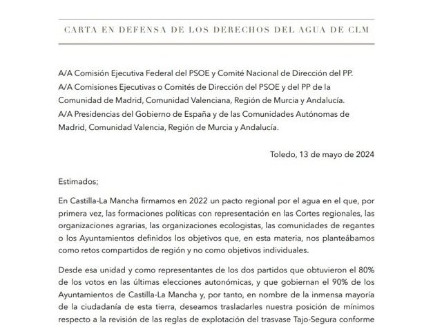 El PSOE plantea al PP de CLM firmar un compromiso 'en defensa de los derechos del agua'