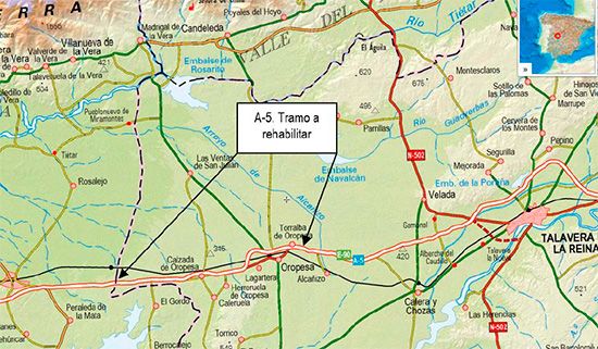 Fomento licita un contrato de obra para la rehabilitación del firme de la autovía A-5 en la provincia de Toledo