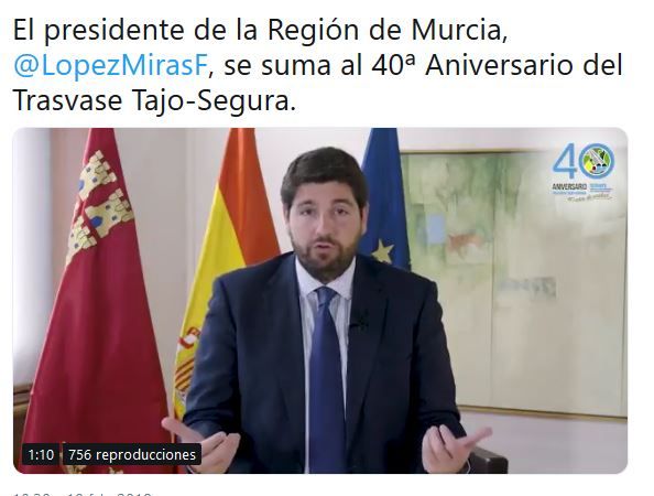 El presidente de la Región de Murcia, felicita a los responsables del trasvase Tajo-Segura