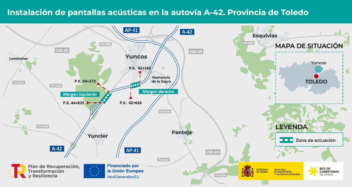 Transportes adjudica por 1,4 millones de euros las obras para reducir el ruido en la A-42 a su paso por Yuncos, Numancia de la Sagra y Yuncler